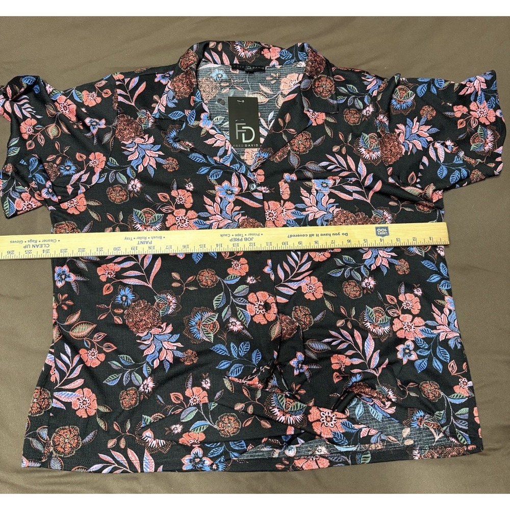 Fred David Womens Black‎ Floral Print Top 1X NWT Button Front,Collared,Tie Waist - Picture 6 of 7